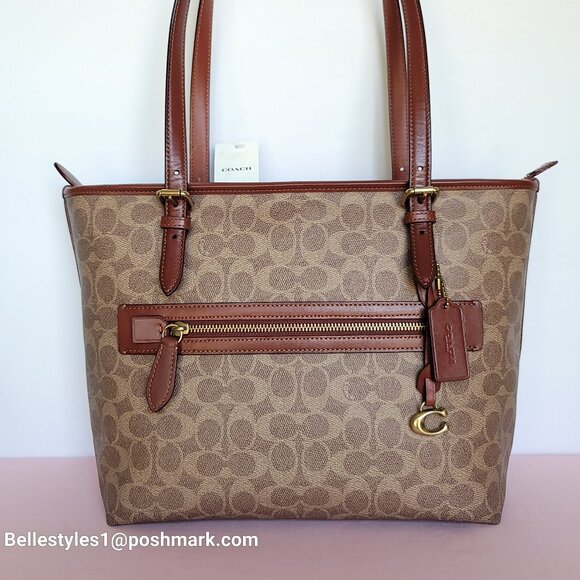 COACH Taylor Signature Logo Canvas Tote with C Dangle Charm-Tan Rust color ⭐ - Picture 1 of 16